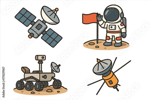 Space exploration vector icon set. Cartoon collection with astronaut on moon, mars rover, communication satellite, and space probe. Science and technology graphic elements.