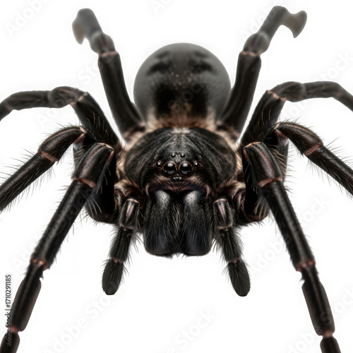 Detailed close up front view of a realistic tarantula spider isolated on transparent background