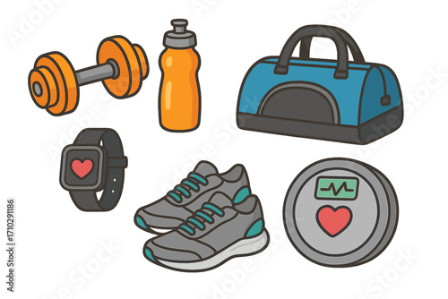 Fitness equipment and health monitoring tools for a healthy lifestyle. Vector cartoon illustration of a dumbbell, gym bag, smartwatch, sneakers, and scale. Workout and exercise concept.