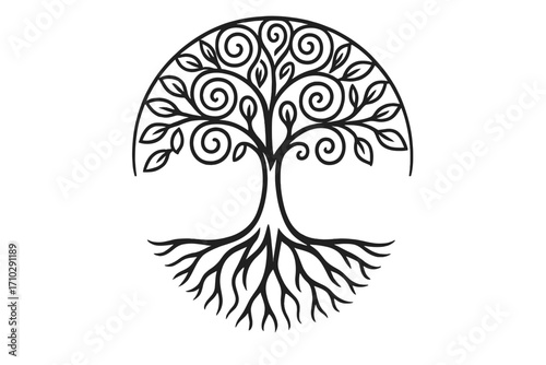 Tree of Life vector logo. Black and white outline icon. Elegant round sacred tree with roots. Symbol for family, growth, nature, ecology, connection, and genealogy.
