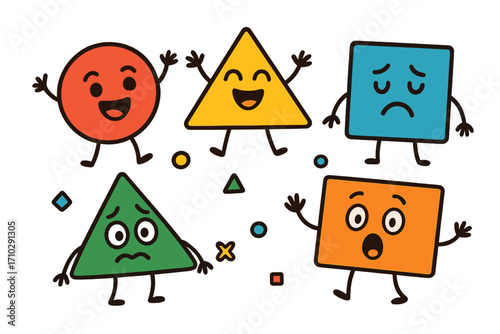 Set of colorful geometric shape characters with various emotions. Funny cartoon mascots for kids. Basic geometry figures, happy, sad, surprised. Vector illustration.