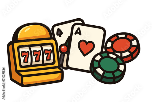 Casino gambling elements with slot machine jackpot 777, ace playing cards, and poker chips. Cartoon vector illustration for gaming, betting, and winning big fortune.