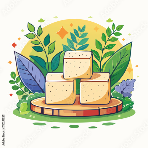 Three Cubes of Creamy Tofu on Wooden Board with Lush Greenery