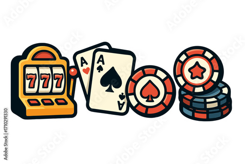 Casino gaming concept illustration. Vector symbols of luck, fortune, and betting. Jackpot 777, pair of aces, and game chips for risk and entertainment design.
