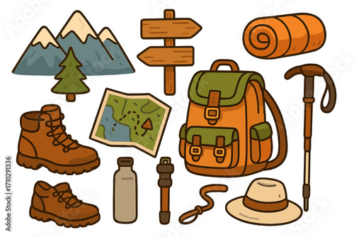 Set of hiking and camping equipment for outdoor adventure. Vector cartoon collection with backpack, boots, map, mountains, trail sign, and trekking pole. Flat design icons.
