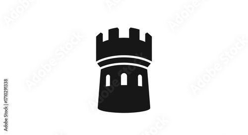 Black and white simple graphic icon of a castle tower.