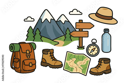 Hiking essentials and equipment set. Outdoor adventure and nature exploration collection. Vector icons for trekking, camping, and travel. Mountain trail gear illustration.
