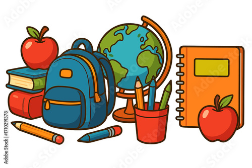 Back to school concept with supplies. Education and learning theme. Cartoon vector illustration of a backpack, globe, books, apple, notebook, and pencils for students.