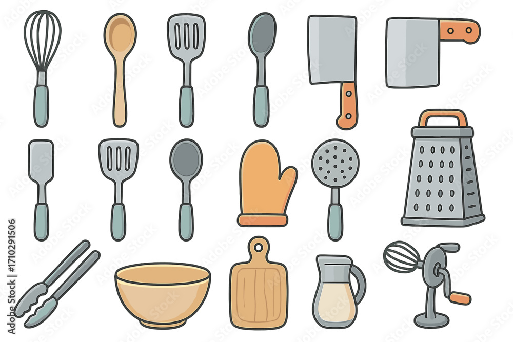 Obraz premium Kitchen utensils icon set for cooking and baking. Vector cartoon illustration of kitchenware tools like whisk, spatula, knife, grater, bowl, and mixer for culinary design.