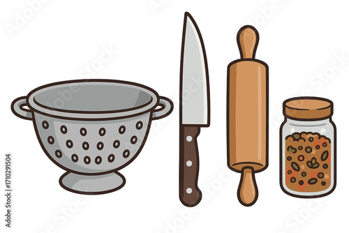 Set of kitchen utensil icons for cooking and baking. Vector cartoon illustration of a colander, knife, rolling pin, and spice jar. Culinary equipment for meal preparation.