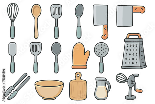 Kitchen utensils icon set for cooking and baking. Vector cartoon illustration of kitchenware tools like whisk, spatula, knife, grater, bowl, and mixer for culinary design.