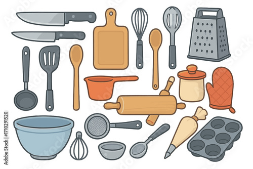 Vector collection of cartoon kitchen utensils and tools for cooking and baking. Set of isolated cooking equipment icons like knife, whisk, rolling pin, and bowl for culinary design.