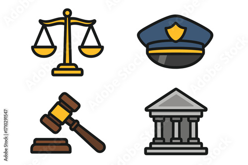 Legal symbols icon set. Justice, law enforcement, judicial system. Flat design cartoon vector. Gavel, police hat, scales, courthouse. Court, judge, crime, order concept.
