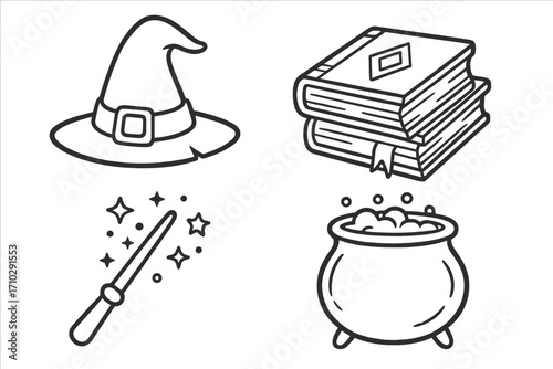 Magic line art set. Witchcraft and wizardry icons. Vector cartoon illustration of witch hat, spell books, magic wand, and cauldron with potion for Halloween.