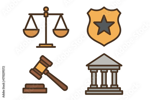 Legal icons justice set. Law enforcement, judicial system symbols. Gavel, court, police badge, scales. Vector illustration flat cartoon design for lawyer, crime, auction.