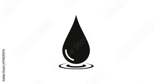 Single black water drop falling on surface.