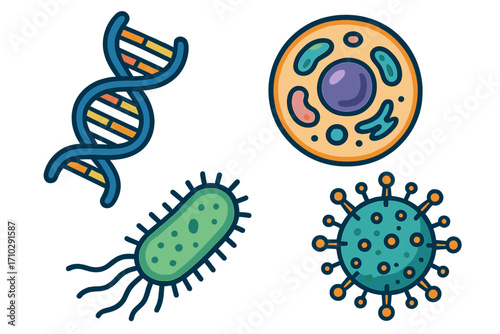 Microbiology icon set with DNA, virus, bacteria, and cell. Vector cartoon illustration for science, biology, and medical concepts. Genetics and virology research symbols.