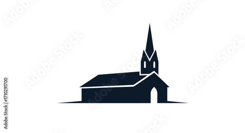Simple silhouette of a church building with a tall steeple and a dark color.