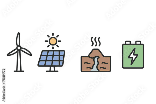 Renewable energy sources icon set. Wind, solar, geothermal power and battery storage. Clean, sustainable, alternative electricity. Eco friendly vector cartoon symbols.