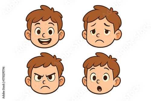 Set of cartoon facial expressions for kids. Boy character head showing different emotions: happy, sad, angry, surprised. Vector illustration for teaching feelings concept.