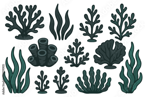 Black coral and seaweed vector set. Collection of isolated underwater sea plants, algae, and marine life forms. Stylized cartoon illustrations for nature or ocean design.