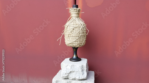 STRAW-COVERED WINE FLASK on tufa stone block, set against a rust