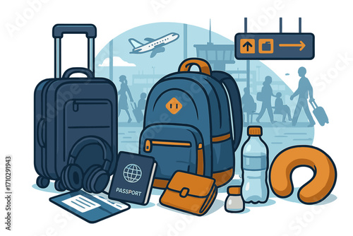 Air travel essentials for vacation journey. Vector illustration with luggage, backpack, passport, ticket, and neck pillow at the airport terminal. Concept of flight and tourism.