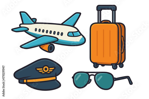 Airplane travel icon set. Aviation vector cartoon collection with pilot cap, luggage and sunglasses. Flight essentials for vacation journey. Airline professional crew gear.