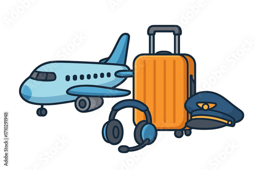 Travel essentials for aviation, pilot job concept. Cartoon vector airplane, luggage, captain hat, headset. Airline flight and transport icon set for journey and vacation.
