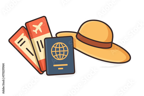 Travel essentials for vacation planning. Vector cartoon illustration of passport, airline tickets, and sun hat. Concept for tourism, journey, holiday, and trip booking.