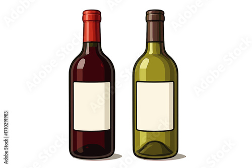 Red and white wine bottle vector illustration. Two bottles with blank labels for mockup or presentation. Alcoholic beverage cartoon design element isolated on white background.