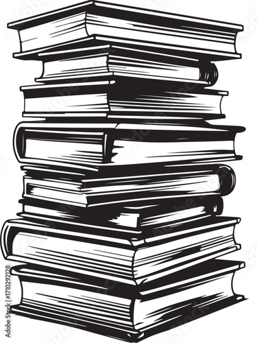 Stack of Books or Library, Reading Literature, Studying for Knowledge Vector Illustration, Sketch Drawing Line Linear Symbol Icon Engraving Coloring Book, Hand-drawn Doodle Black and White Isolated