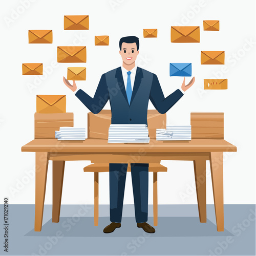 Businessman Managing Multiple Emails and Documents at Desk