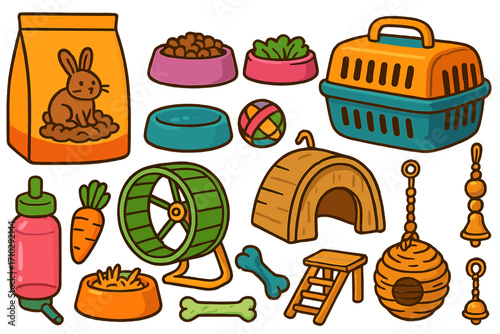 Pet shop icon set. Small animal care accessories for rabbit, hamster, guinea pig. Food, carrier, wheel, bowl, toys. Vector cartoon illustration collection of pet supplies.