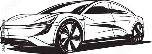 Expensive Car Vehicle Electro Vector Illustration, Sketch Drawing Line Linear Symbol Icon Engraving Coloring Book, Hand-drawn Doodle Black and White Isolated