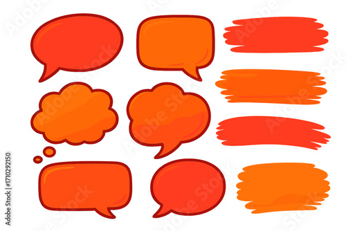 Set of red speech bubbles and brush strokes. Vector cartoon illustration for communication design. Talk box, thought bubble, callout balloon, marker scribble for chat or quote.
