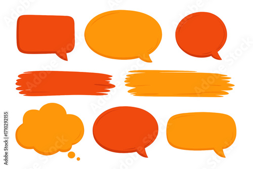 Vector set of cartoon speech bubbles and brush stroke banners. Red and orange communication icons for chat, dialogue, and quotes. Blank thought balloons and message boxes.