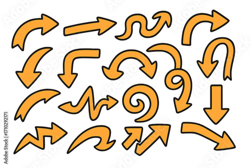 Hand-drawn arrows collection. Doodle arrow signs and pointers. Direction and movement symbols. Curve, spiral, zig-zag pointers. Navigation icons set. Vector illustration.