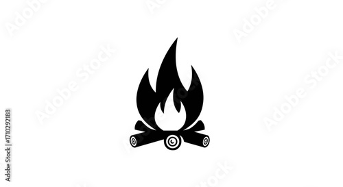 Simple black campfire icon with burning logs illustration.