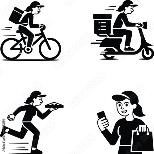 Express Courier Silhouette Pack – Scooter, Running, Bike & Mobile Delivery Girl Vectors