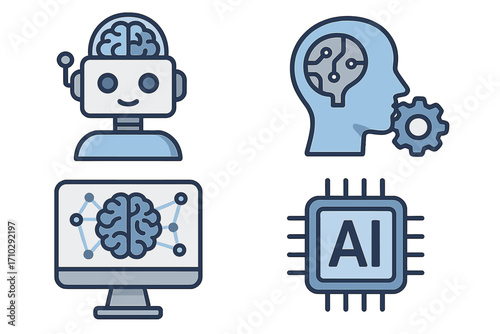 Artificial intelligence icon set. AI robot with brain, machine learning concept with human head and gear. Neural network on computer screen and AI processor chip vector.