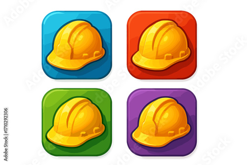 3D construction helmet icon set. Vector cartoon illustration of safety equipment symbols. Hard hat for worker protection. Industrial engineer headgear on colorful backgrounds.