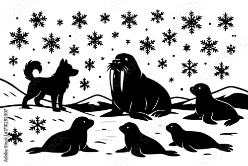 Arctic wildlife silhouette with walrus, seals, and husky dog in a winter snow landscape. Vector illustration of polar animals, nature, and snowflakes for a cold climate theme.