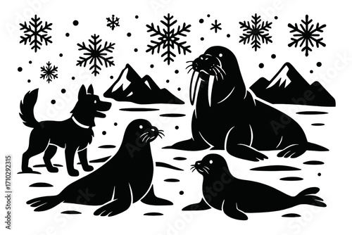 Arctic wildlife silhouette set with walrus, seals, husky dog. Winter landscape with snow, ice, mountains, snowflakes. North pole animals vector cartoon illustration.