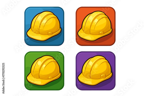 Construction helmet icons set. Safety hard hat symbol. Builder head protection. Worker plastic cap. Industrial engineering equipment cartoon vector for app button or web logo design.
