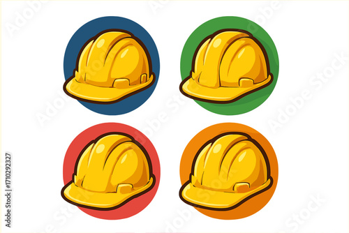 Hard hat icon set. Construction safety helmet vector illustrations. Industrial worker headgear symbols. Engineer and builder protective equipment on colorful backgrounds.