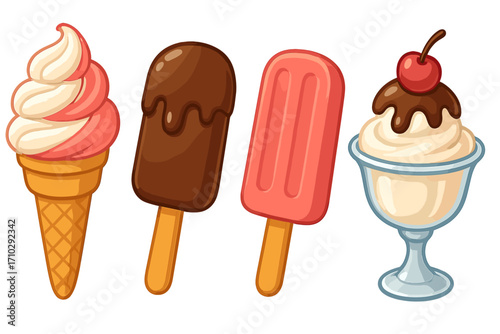 Ice cream vector set. Summer dessert collection. Soft serve cone, chocolate bar, popsicle, ice lolly, sundae. Frozen sweet food cartoon icon. Graphic design element illustration.