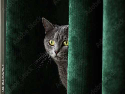 Gray cat behind the curtain, created with Generative AI.