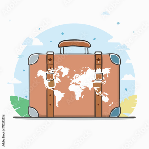 Vintage Suitcase with World Map Design Against a Soft Blue Sky Background