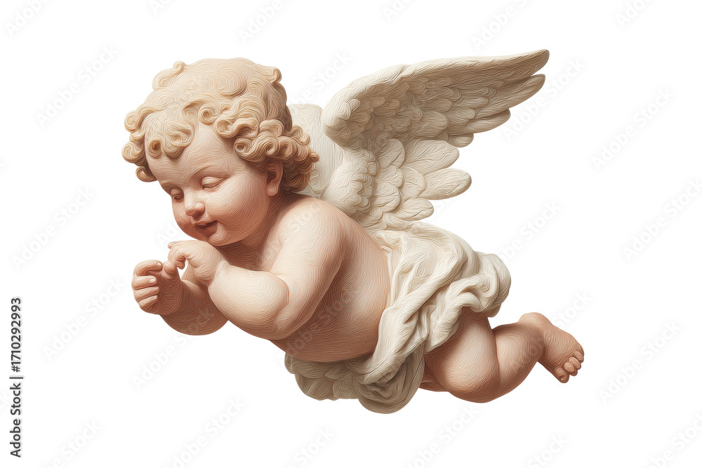 Fototapeta premium Cherubic angel figure: detailed winged statue with golden curls, cut out